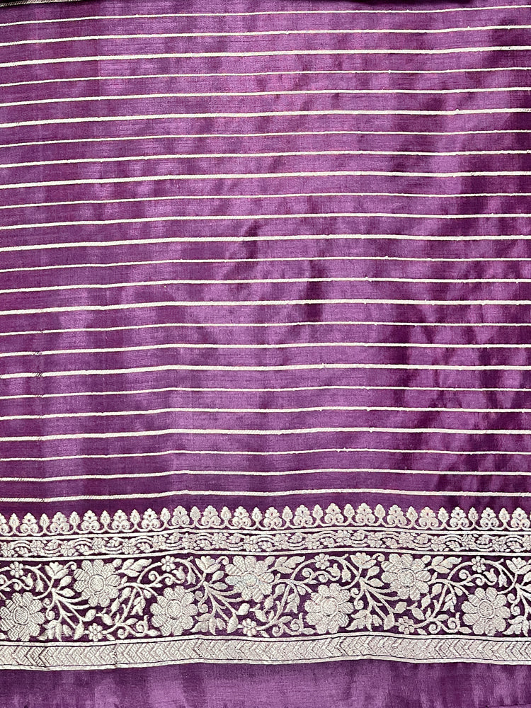 Banarasee Handloom Soft Silk Saree With Zari Buti Design Floral Border & Lace-Mauve