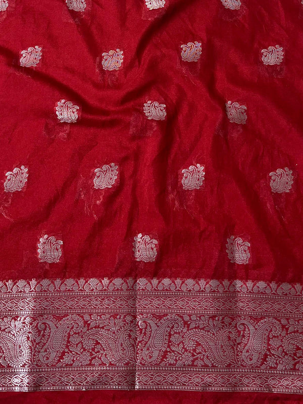 Banarasee Handwoven Semi-Chiffon Saree With Contrast Border & Silver Zari-Mauve & Red