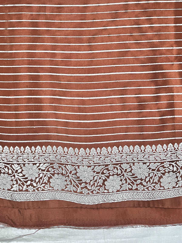 Banarasee Handloom Soft Silk Saree With Zari Buti Design Floral Border & Lace-Brown