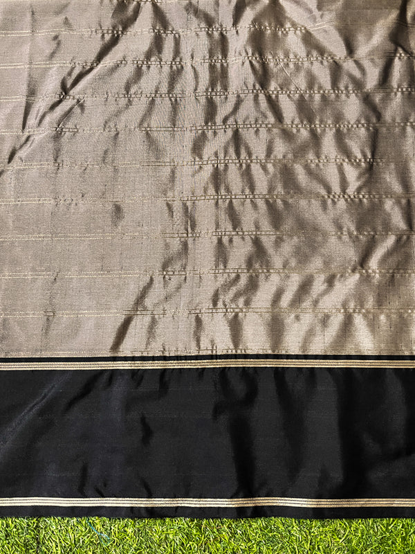 Banarasee Handloom Semi Silk Saree With Checks Pattern & Contrast Border-Grey & Black