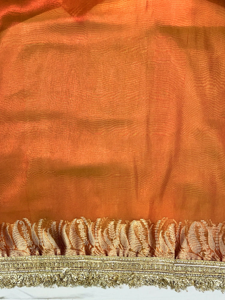 Banarasee Handloom Plain Tissue Saree With Zari Border & Lace-Rust