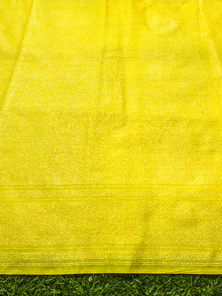 Banarasee Handloom Semi Silk Saree With Floral Zari Border & Meena Work Pallu-Light Yellow