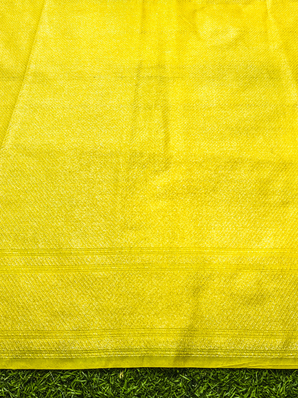 Banarasee Handloom Semi Silk Saree With Floral Zari Border & Meena Work Pallu-Light Yellow