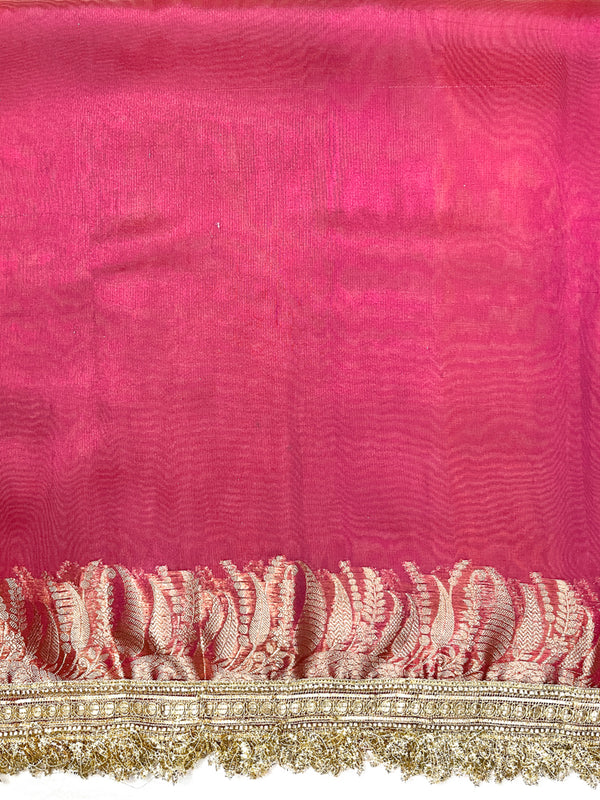 Banarasee Handloom Plain Tissue Saree With Zari Border & Lace-Magenta