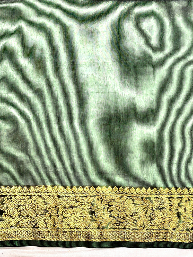 Banarasee Handwoven Dual Color Tissue Saree With Gold Zari Border & Lace-Green & Black