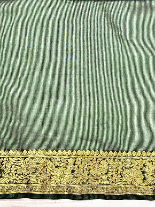 Banarasee Handwoven Dual Color Tissue Saree With Gold Zari Border & Lace-Green & Black