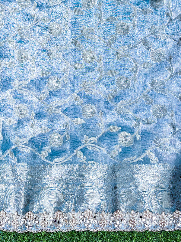 Banarasee Tissue Saree With Handwork Pearl Motifs Mirror Work & Scallop Border-Powder Blue