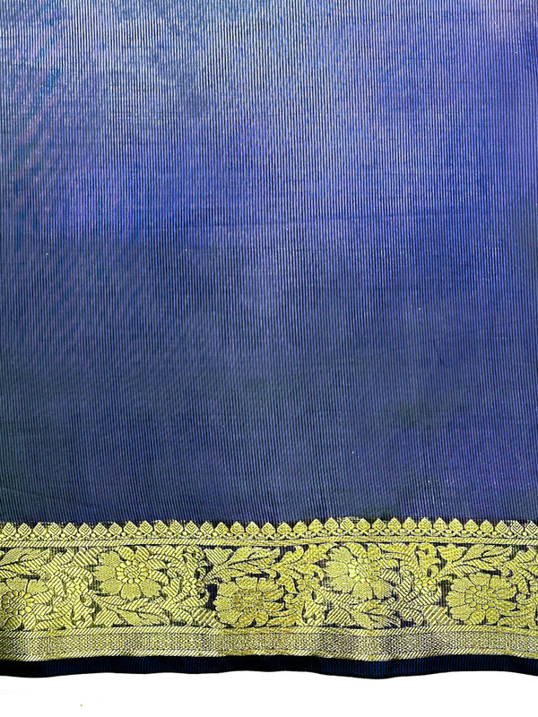 Banarasee Handwoven Dual Color Tissue Saree With Gold Zari Border & Lace-Blue & Black