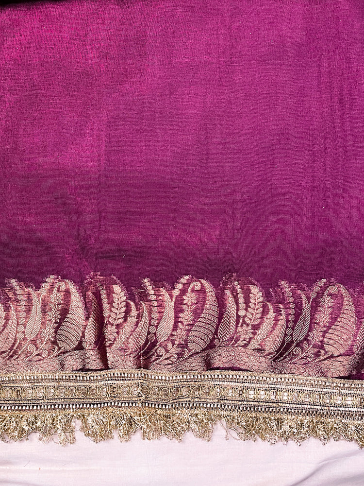 Banarasee Handloom Plain Tissue Saree With Zari Border & Lace-Purple