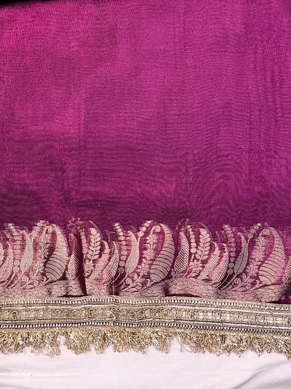Banarasee Handloom Plain Tissue Saree With Zari Border & Lace-Purple