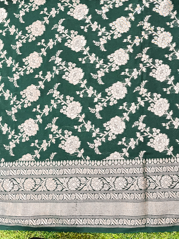 Banarasee Handwoven Georgette Saree With Zari Jaal Design & Border-Deep Green