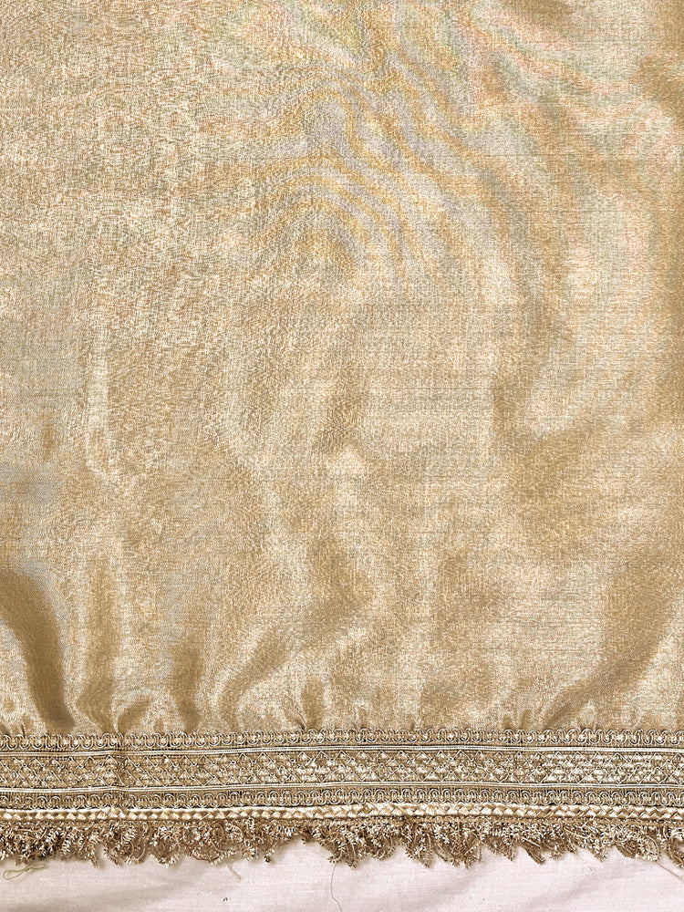 Banarasee Dual Color Tissue Saree With Digital Prints & Lace-Gold & Silver