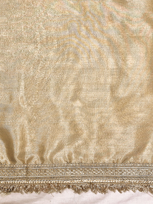 Banarasee Dual Color Tissue Saree With Digital Prints & Lace-Gold & Silver