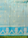 Banarasee Handloom Dual Tone Shimmer Silk Saree With Buti Design & Temple Border-Blue (Gold Tone)