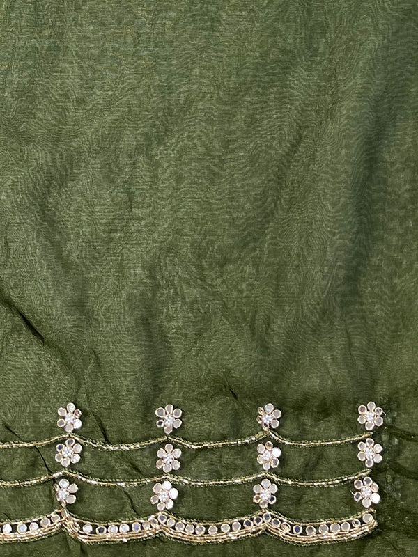 Banarasee Organza Silk Shibori Dyed Hand-Work Scallop Border Saree-Olive Green