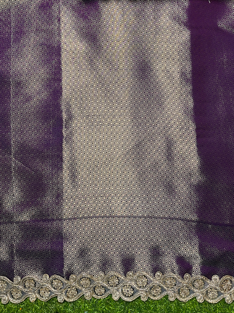 Banarasee Handloom Semi Silk Saree With Zari Buti Design & Lace Border-Purple