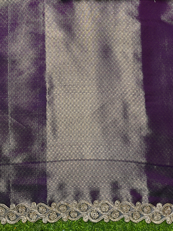 Banarasee Handloom Semi Silk Saree With Zari Buti Design & Lace Border-Purple
