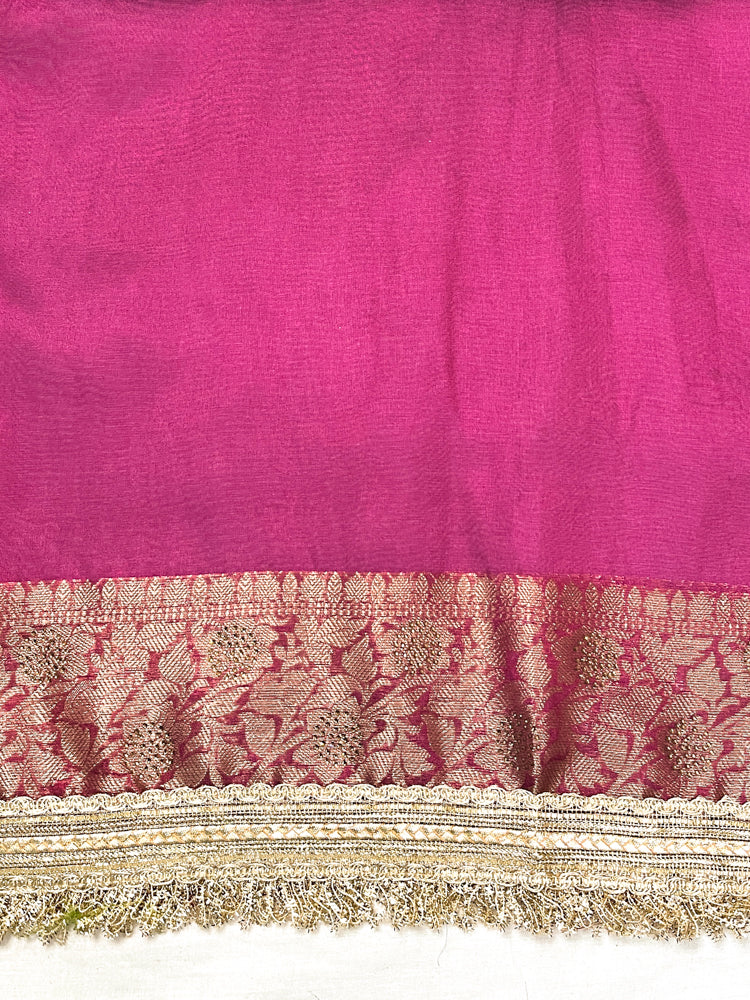Banarasee Handwoven Tissue Saree With Swarovski Work Zari Border & Lace-Magenta