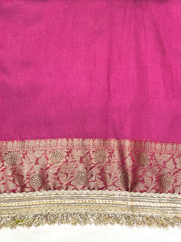 Banarasee Handwoven Tissue Saree With Swarovski Work Zari Border & Lace-Magenta
