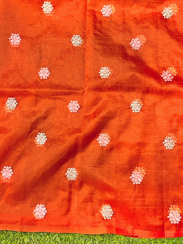 Banarasee Handloom Organza Saree With Resham Zari Work & Scallop Border-Orange