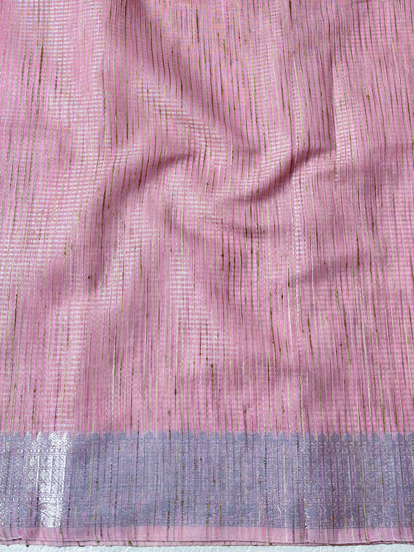 Banarasee Linen Tissue Silver Zari Work Saree-Pink