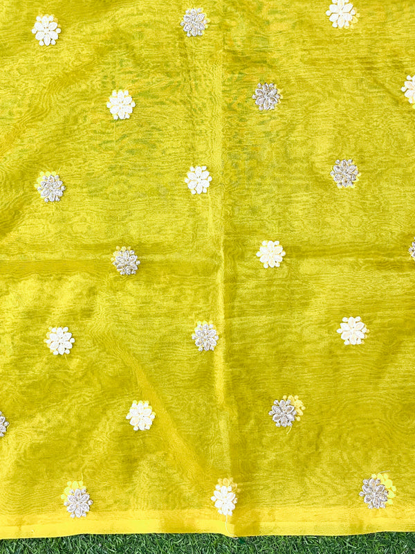 Banarasee Handloom Organza Saree With Resham Zari Work & Scallop Border-Yellow