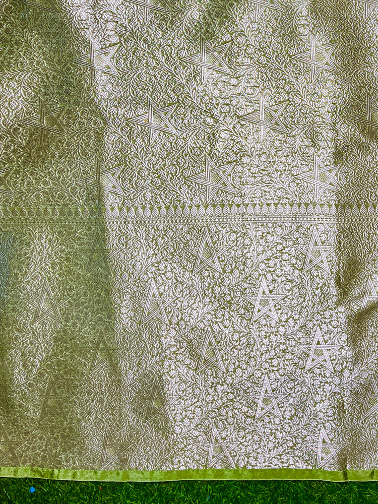 Banarasee Semi Chiffon Saree With Buti Design & Contrast Zari Border-Deep Maroon & Light Green