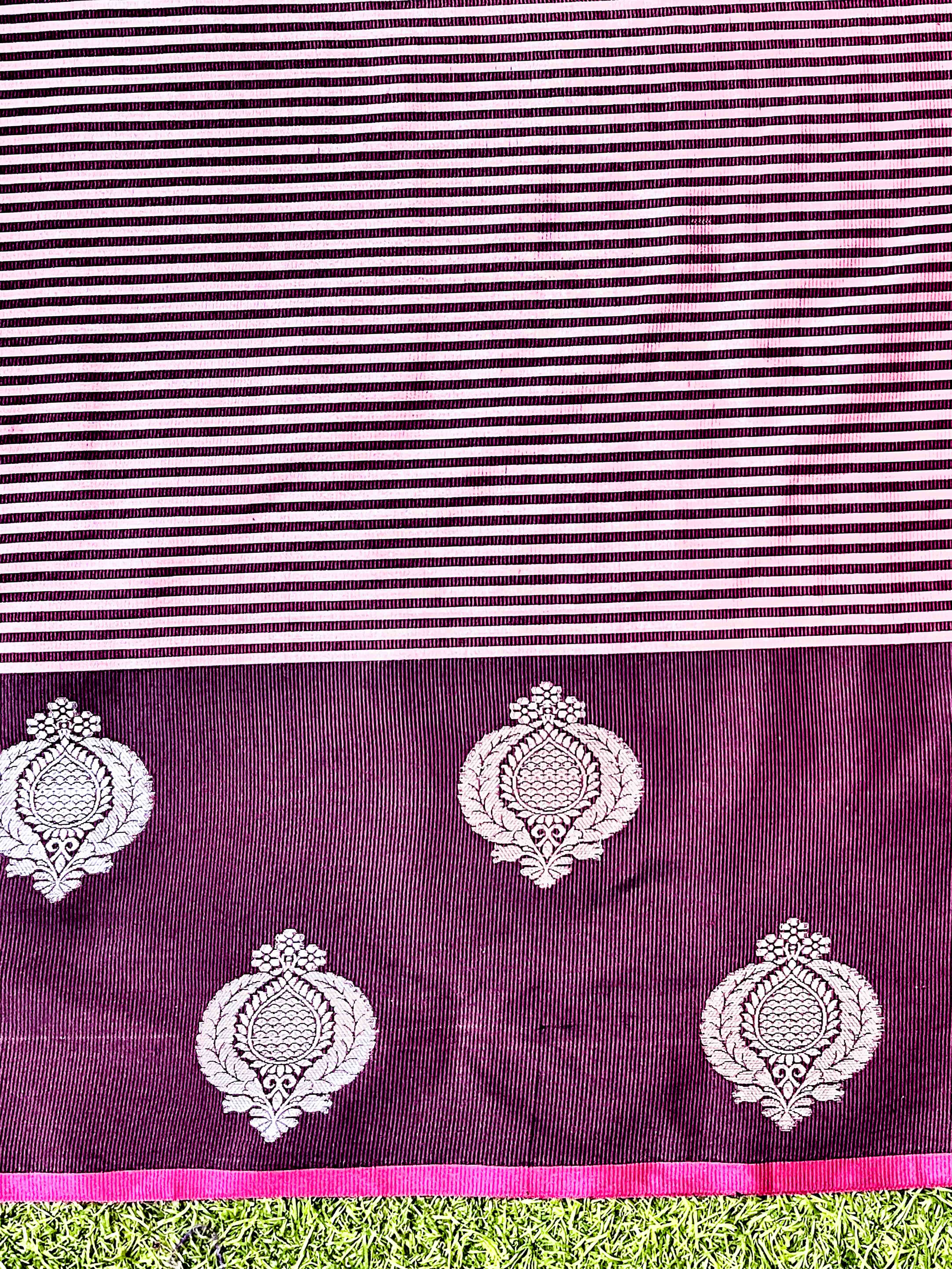 Banarasee Handloom Semi Silk Saree With Stripe Pattern & Buta Design Border-Black