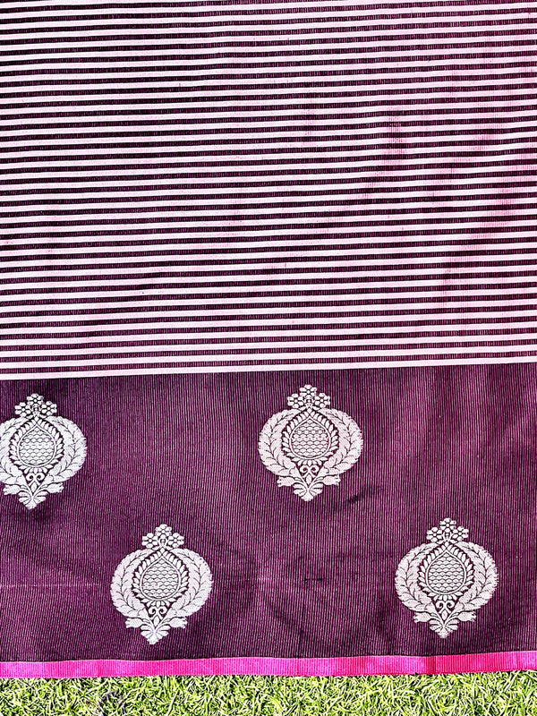 Banarasee Handloom Semi Silk Saree With Stripe Pattern & Buta Design Border-Black