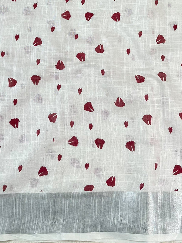 Bhagalpuri Handloom Linen Block Printed Saree-White