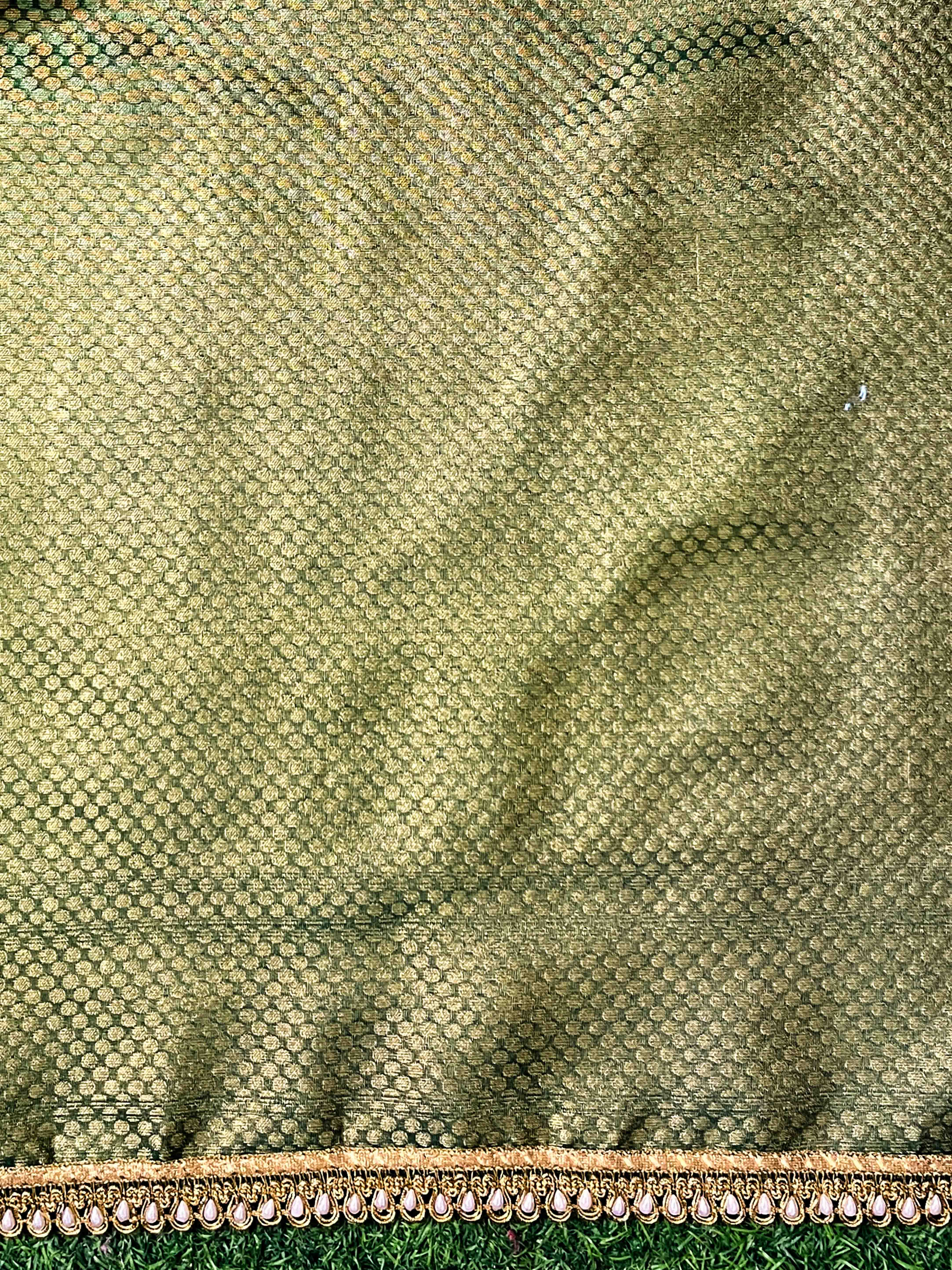 Banarasee Handloom Dual Color Tissue Silk Saree With Zari Buta Design Border & Lace-Yellow & Green