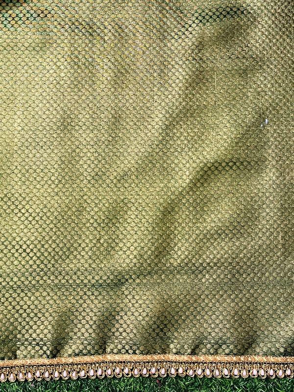 Banarasee Handloom Dual Color Tissue Silk Saree With Zari Buta Design Border & Lace-Yellow & Green