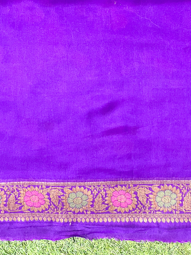 Banarasee Handloom Pure Chiffon Saree With Resham Work-Violet