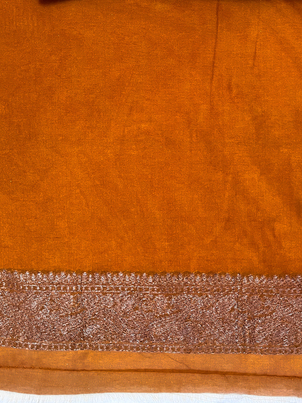 Banarasee Handwoven Georgette Saree With Antique Zari Jaal Design Border & Lace-Mustard Yellow