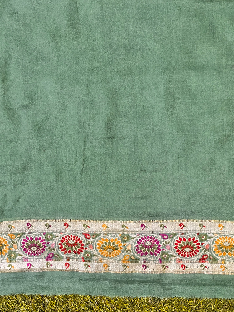 Banarasee Handloom Pure Chiffon Saree With Resham Work-Green
