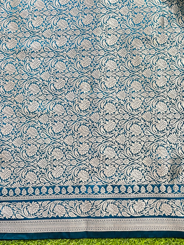 Banarasee Handloom Semi Silk Saree With Zari Buta Work & Border-Turquoise Blue