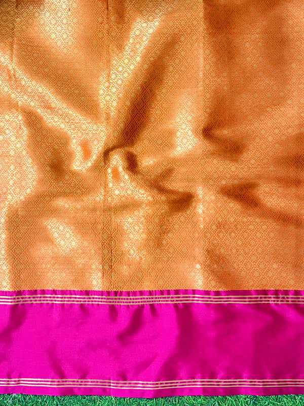 Banarasee Handloom Semi Silk Saree With Floral Buti Design & Contrast Border-Orange & Pink