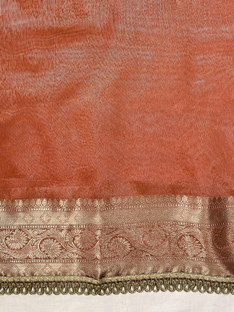 Banarasee Handloom Semi Silk Saree With Buti Design Zari Border & Lace-Orange