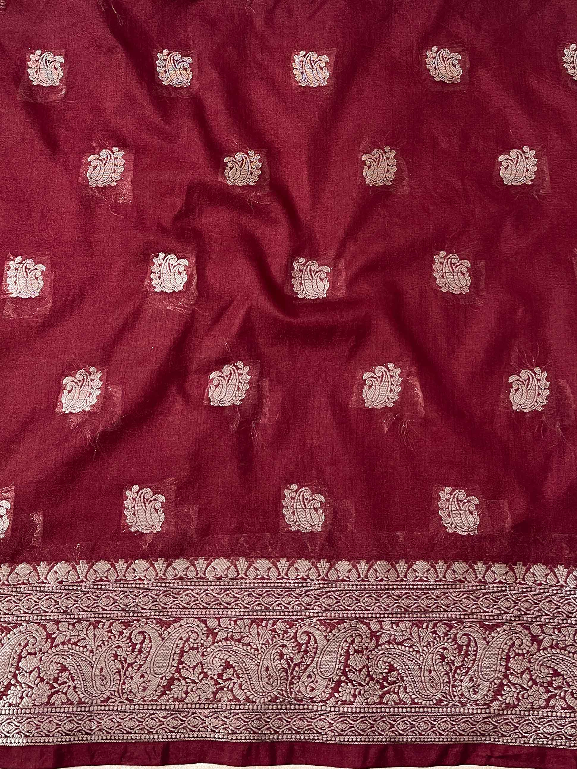 Banarasee Handwoven Semi-Chiffon Saree With Contrast Border & Silver Zari-Pink & Maroon