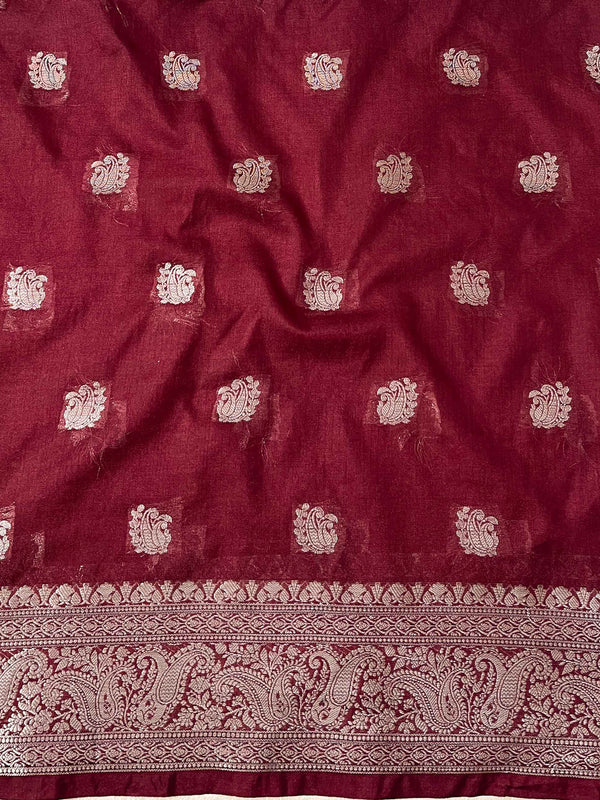 Banarasee Handwoven Semi-Chiffon Saree With Contrast Border & Silver Zari-Pink & Maroon