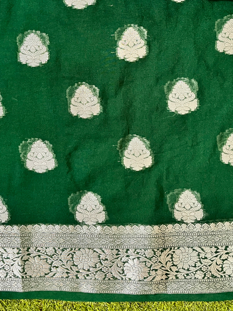 Banarasee Semi Chiffon Saree With Silver Zari Work & Contrast Blouse-Violet