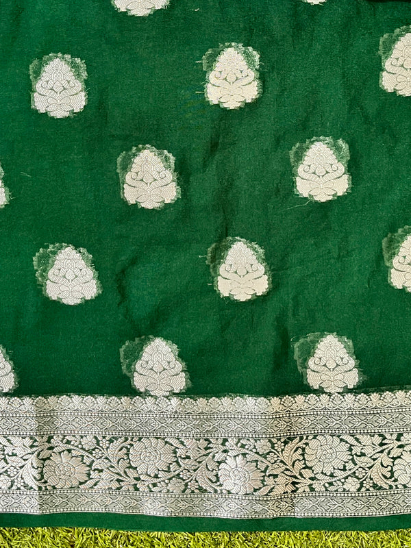 Banarasee Semi Chiffon Saree With Silver Zari Work & Contrast Blouse-Violet