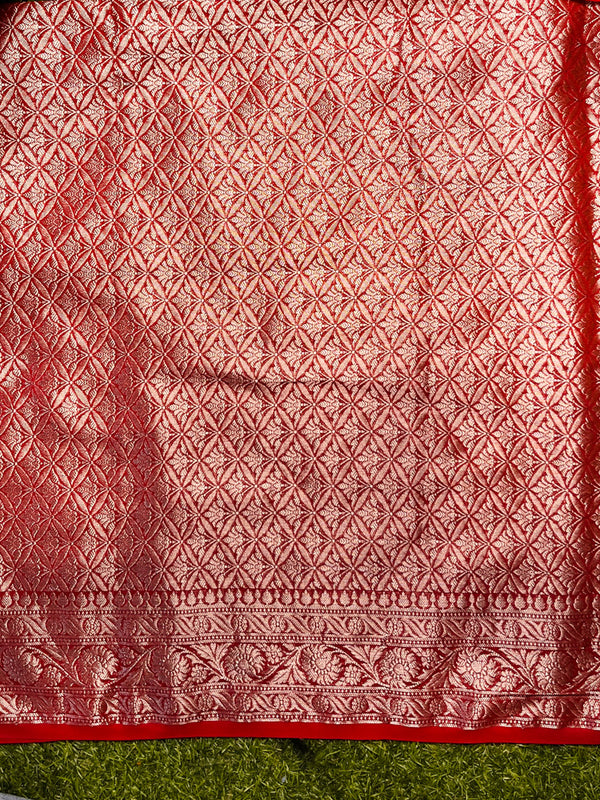 Banarasee Handwoven Georgette Saree With Zari Jaal Design & Border-Red
