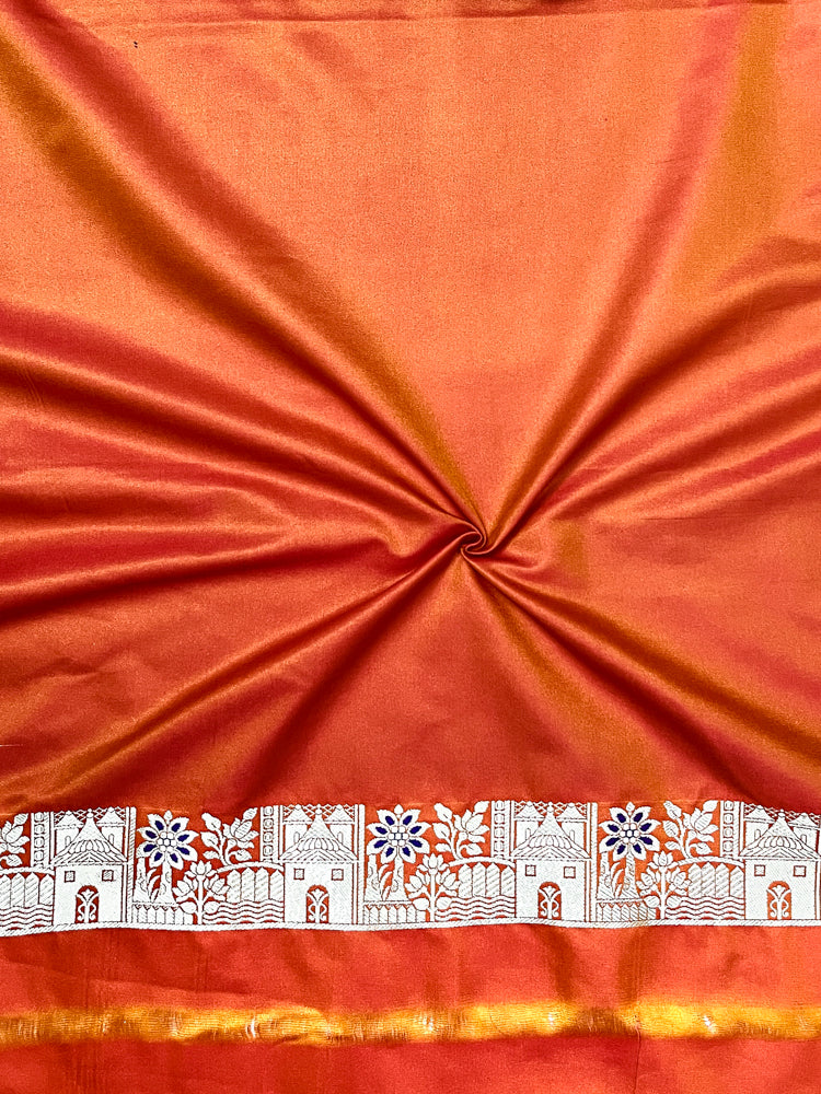 Banarasee Handloom Semi Katan Saree With Zari Work & Meenadar Pallu-Orange (Dual Tone)