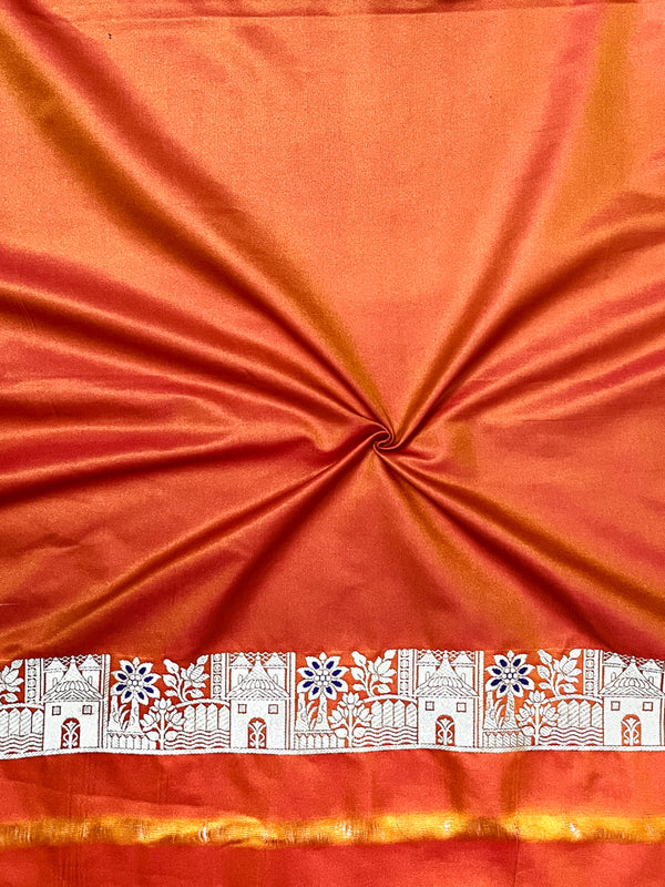 Banarasee Handloom Semi Katan Saree With Zari Work & Meenadar Pallu-Orange (Dual Tone)