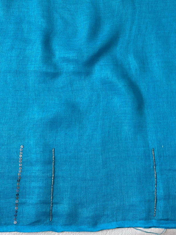 Banarasee Handloom Pure Linen Sequins Work Saree-Light Blue