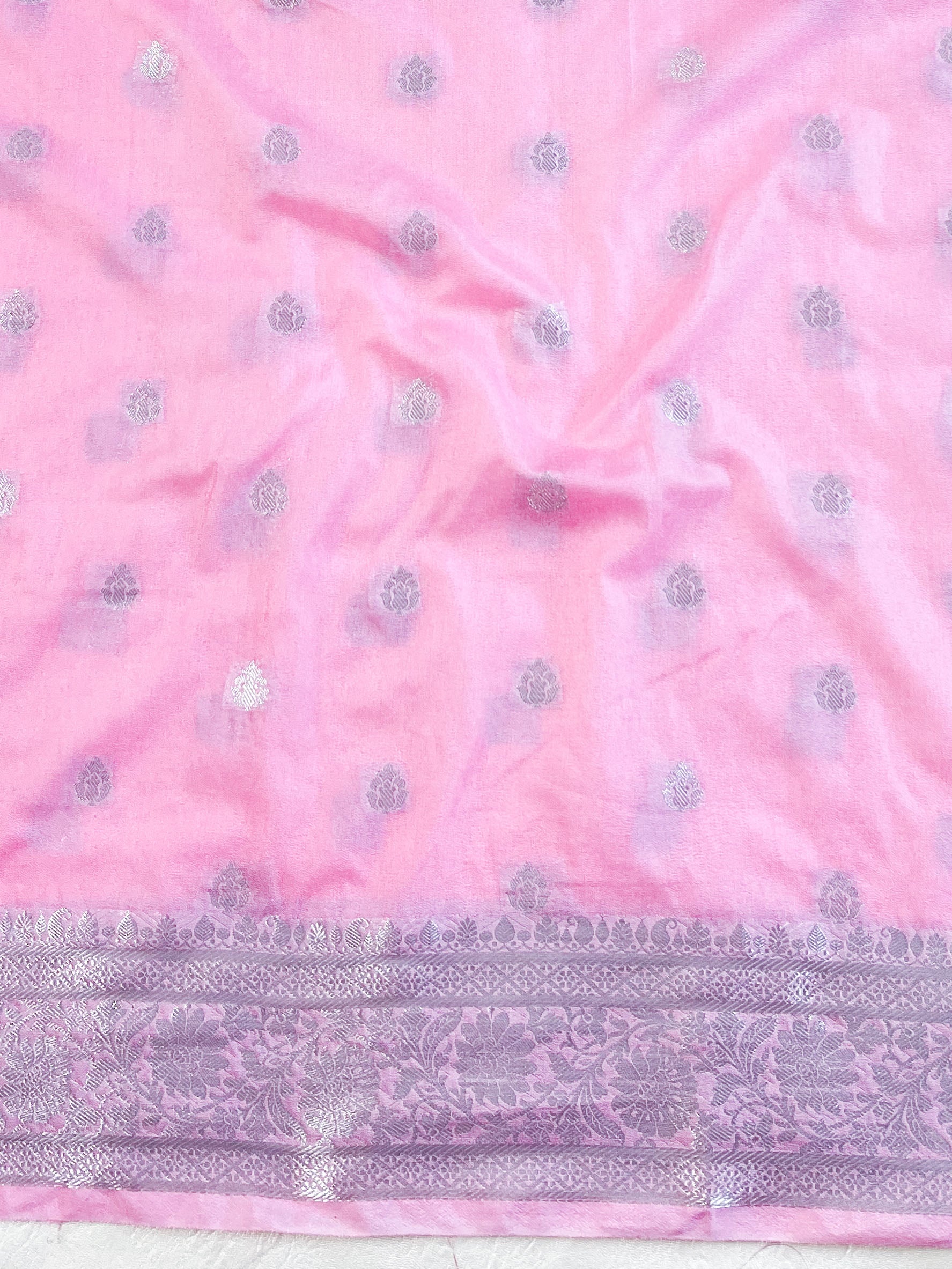 Banarasee Handwoven Semi-Chiffon Saree With Silver Zari Work-Baby Pink