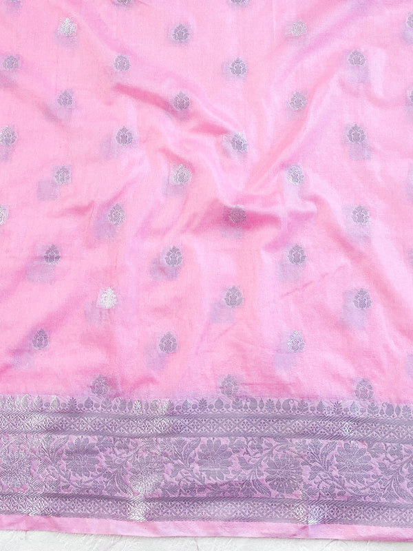 Banarasee Handwoven Semi-Chiffon Saree With Silver Zari Work-Baby Pink