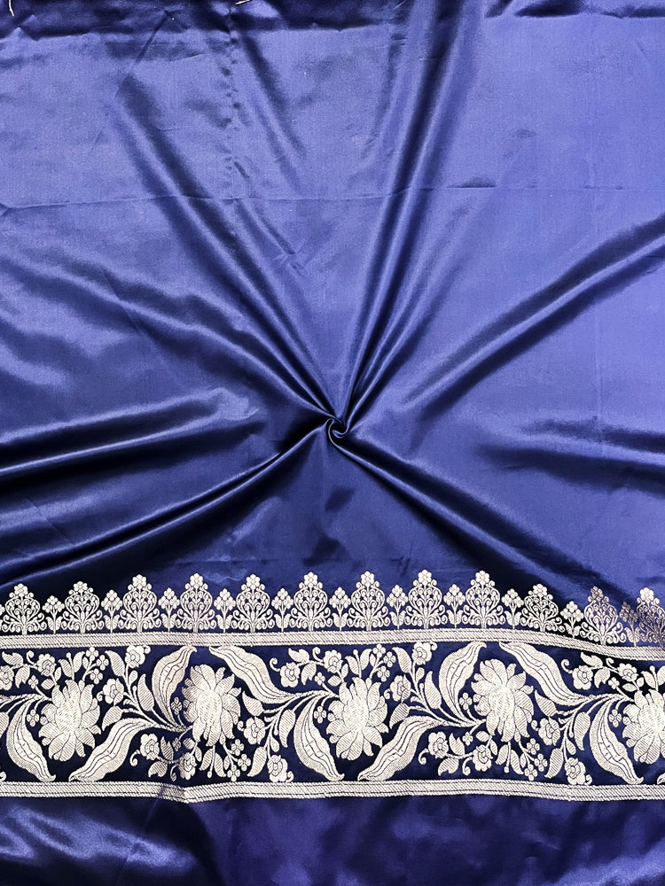 Banarasee Handloom Mashru Silk Saree With Sona Rupa Zari Work Border & Lace-Navy Blue