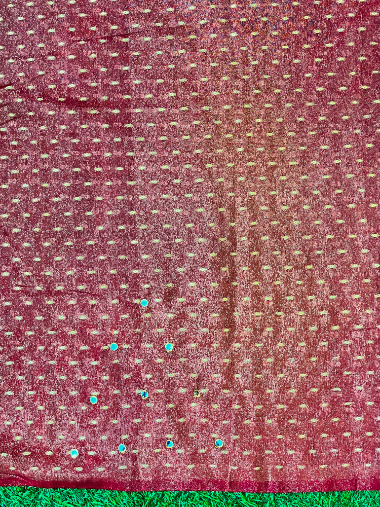 Banarasee Handwoven Semi Silk Shine Saree With Mirror Work-Red